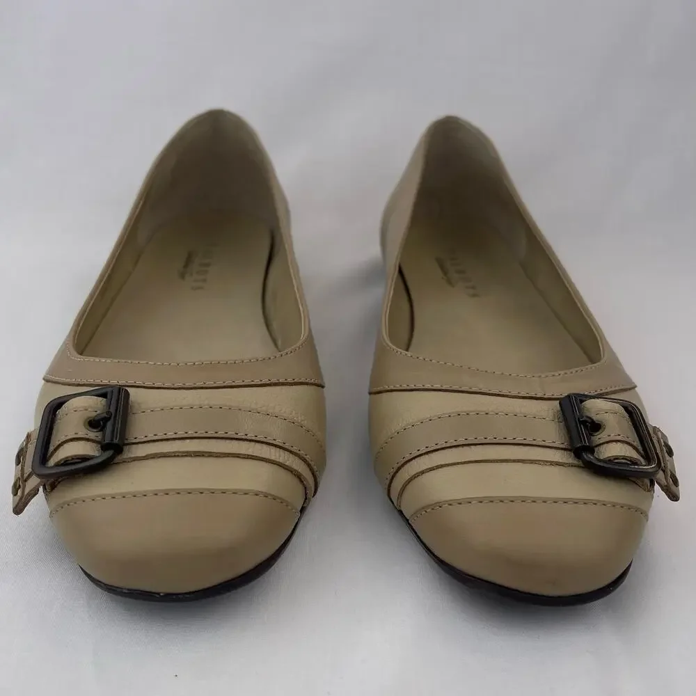 Talbots Women Tan Leather Buckle Ballet Flats Comfort Shoes Wide Width 8W